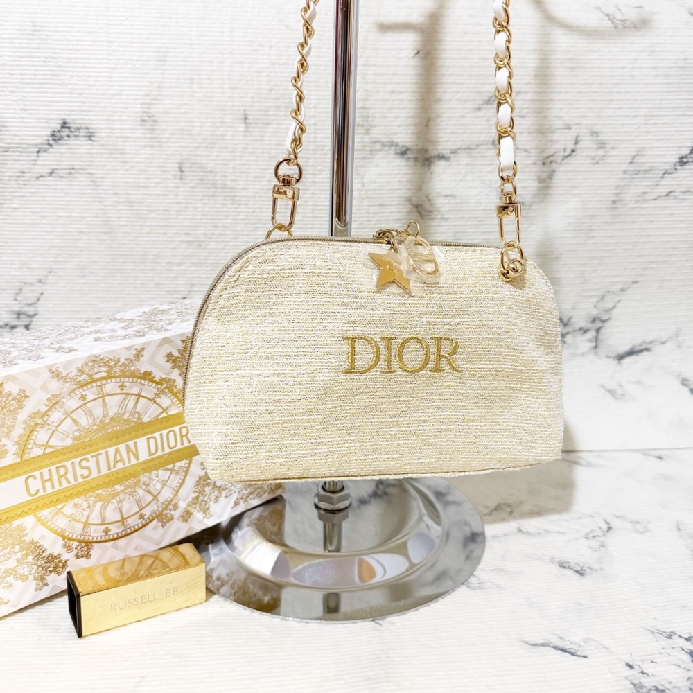 Dior Beauty Holiday Gold Tweed Pouch with Shoulder Chain Added
